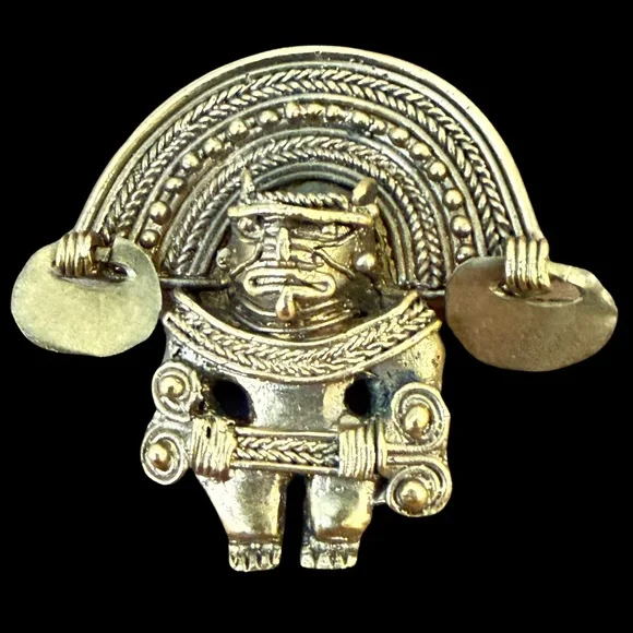 Pre-Columbian Tumbaga Cacique Chieftain With Flamboyant Headgear Scepter Pendant - Picture 1 of 4